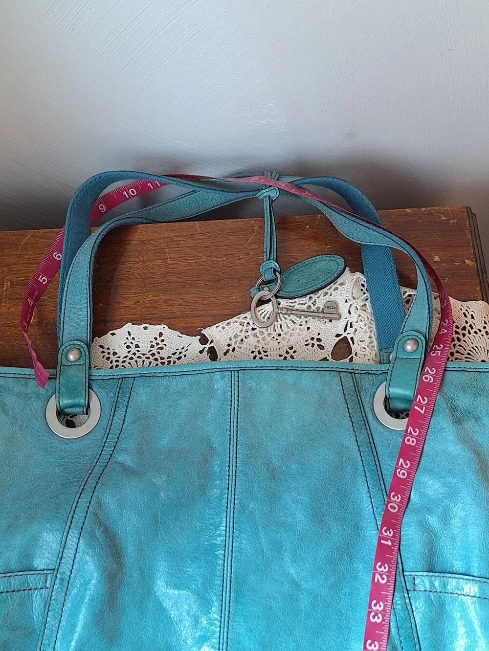 Fossil Hathaway Light Teal Leather Shoulder Tote Bag - Picture 12 of 13